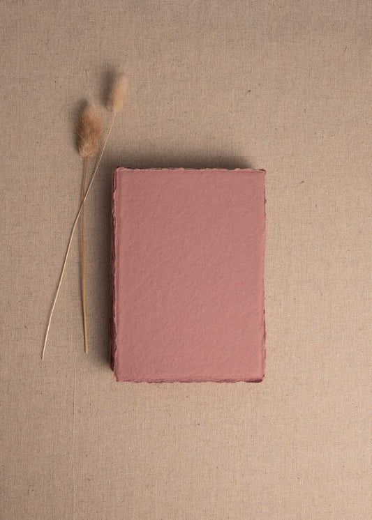 Singular 5x7 Rose Handmade paper with deckle edge on linen background surrounded by bunny tail dry flowers
