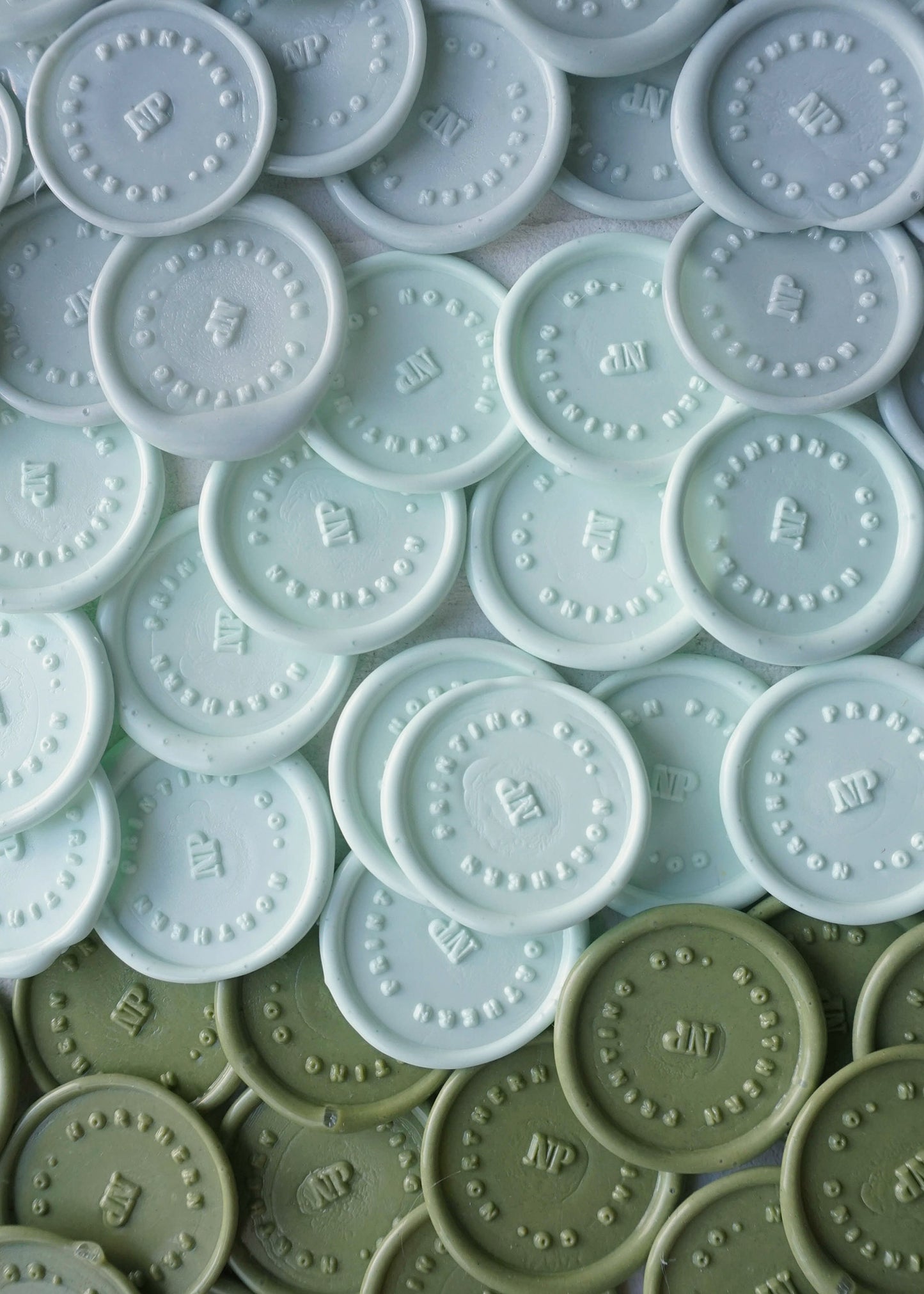 shades of blue, light blue, green wax seal stamps 